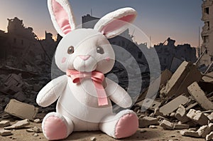 a toy rabbit on the background of the ruins of a building after the war. Generative AI.