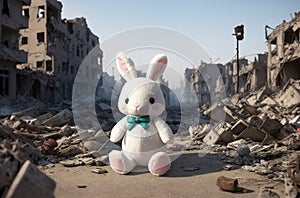a toy rabbit on the background of the ruins of a building after the war. Generative AI.