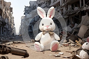 a toy rabbit on the background of the ruins of a building after the war. Generative AI.