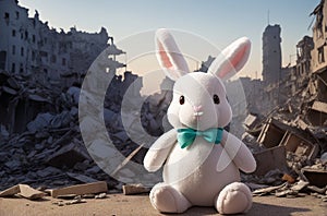a toy rabbit on the background of the ruins of a building after the war. Generative AI.