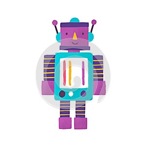 Toy robot flat vector illustration. Childish plaything. Smiling robot cartoon character. Transformer, toy for boys photo