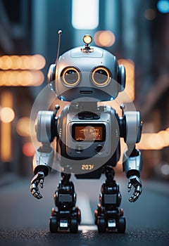 A toy robot with headphones is standing on a dark street