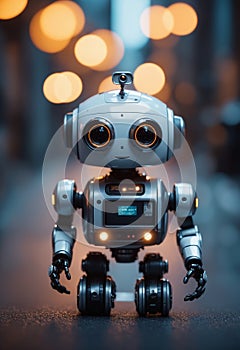 A toy robot with headphones is standing on a dark street