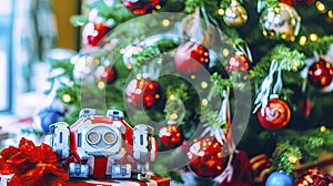 Toy robot infront of a christmas tree
