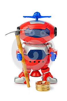 Toy robot with pickaxe and bitcoins stack