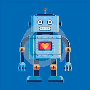 Toy robot stands and looks at us. on the chest screen with a heart. character vector illustration on blue background.