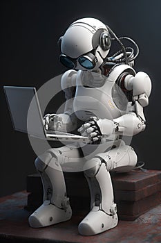 Toy robot types on laptop keyboard sitting on rust metal block AI generative image