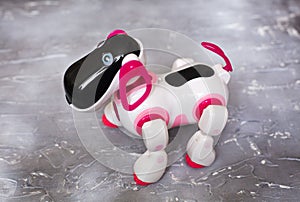 Toy robot white and pink, on a concrete background. The dog is a robot.