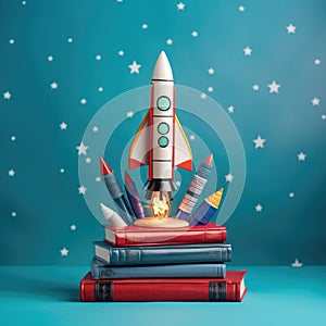 Toy rocket on books stack and lights on color background