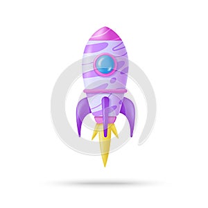 Toy rocket upswing ,spewing smoke. 3d icon Spaceship rocket. 3d cartoon style minimal spaceship. Successful startup with