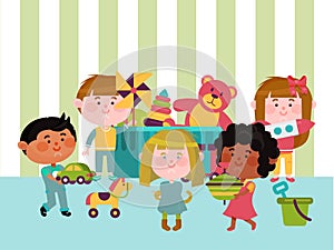 Toy room place, children character play different plaything flat vector illustration. Playground area for rest child