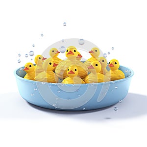 Toy rubber ducks swim in a bowl of water. Rubber duck on white background