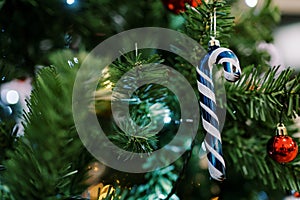 Toy in the shape of a candy cane hangs on a branch of a Christmas tree with luminous garlands