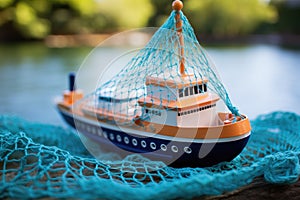 toy ship safeguarded by a safety net, denoting insurance