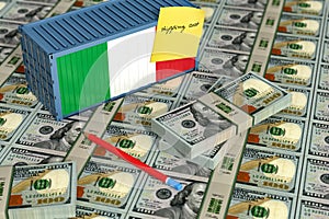 Toy shipping Container with Italy flag on 100 Dollar banknotes.