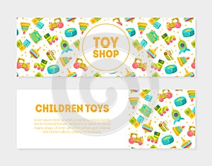 Toy Shop, Children Toys Horizontal Banners Set, Cute Baby Toys Pattern and Place for Text, Design Element Can Be Used