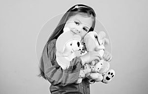 Toy shop. childrens day. Best friend. small girl with soft bear toy. child psychology hugging a teddy bear. little girl