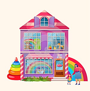 Toy shop. Exterior market building. Cartoon flat vector illustration