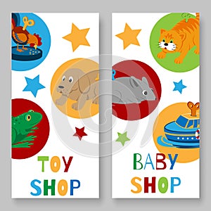 Toy shop for kids vertical banner vector illustration. Toyshop banners for baby toys sale or discount. Animal clock work