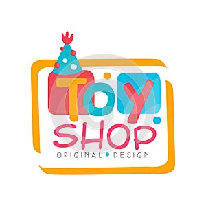 Toy shop logo original design, kids store, baby market badge vector Illustration on a white background