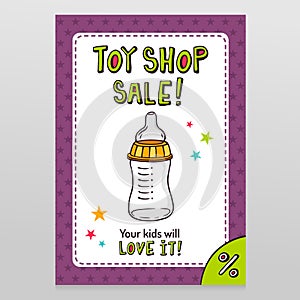 Toy shop vector sale flyer design with feeding bottle