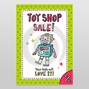 Toy shop vector sale flyer design with happy vintage toy robot