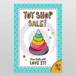 Toy shop vector sale flyer design with toy pyramid with rings for kids