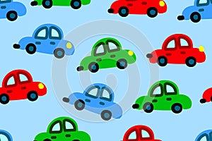 Toy simple cars, children drawing of a auto, a seamless pattern of automobile and road signs