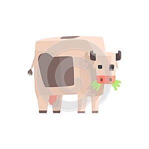 Toy Simple Geometric Farm Cow Browsing With Mouth Full Of Grass, Funny Animal Vector Illustration