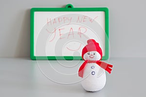 Toy snowman and greeting Happy New Year