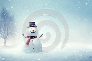 Toy Snowman in hat and scarf. Merry Christmas and Happy New Year Greeting Card AI Generated.