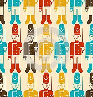 Toy soldier pattern seamless. Guardsman plaything background. Vector illustration.