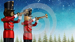 Toy soldiers playing trumpets against christmas winter background. photo