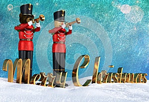 Toy soldiers in red uniform playing trumpets announcing christmas.