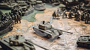 toy soldiers and tanks on map of countries for strategy and planning of military defensive and offensive actions in war