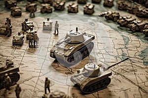 toy soldiers and tanks on map of countries for strategy and planning of military defensive and offensive actions in war