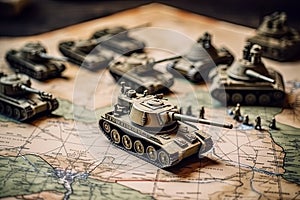 toy soldiers and tanks on map of countries for strategy and planning of military defensive and offensive actions in war