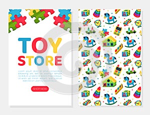 Toy Store Card Design with Colorful Plaything Vector Template