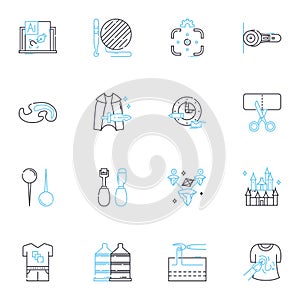 Toy store linear icons set. Playthings, Dolls, Action figures, Puzzles, Board games, Educational, Outdoor line vector