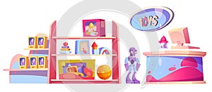 Toy store shelf and furniture cartoon vector set