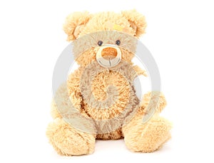 Toy teddy bear with bandage isolated on white background