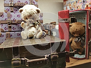 A toy teddy bear sits on a doll suitcase