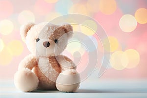 Toy teddy bear sitting on bokeh background. Front view