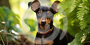 Toy terrier dog with caution and suspicion looks at camera, greenery background -, concept of Alertness