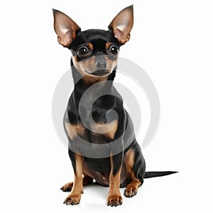 Toy terrier portrait close-up isolated on white. Sweet pet, loyal friend,