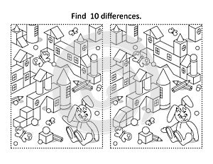 Toy town find the differences picture puzzle and coloring page. Black and white.