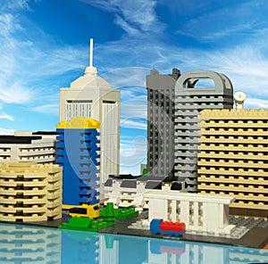 Toy town recreated with plastic bricks and clear skies