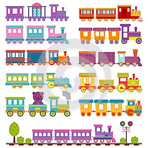 Toy train different cartoon vector illustration.