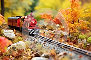 toy train engine on a model track amid fake fall foliage