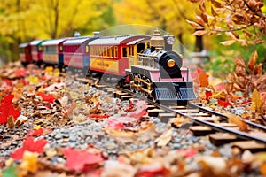 toy train engine on a model track amid fake fall foliage